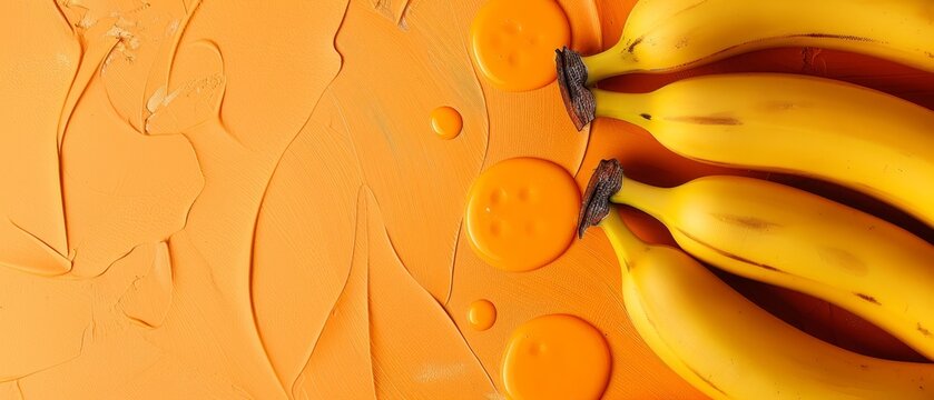   A table displays ripe bananas atop a vibrant yellow and orange tablecloth, with water droplets present