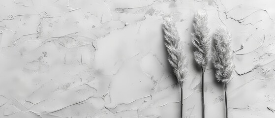   A black-and-white image of feathered stems against a white background, with a black-and-white backdrop