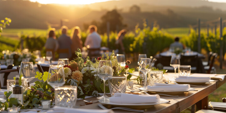 Stunning table arrangement for a wedding of festive event against a breathtaking backdrop of vineyards on summer sunset.