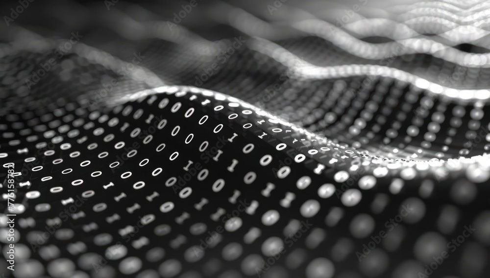 Poster black background with binary code waves and space for text abstract digital technology concept, data