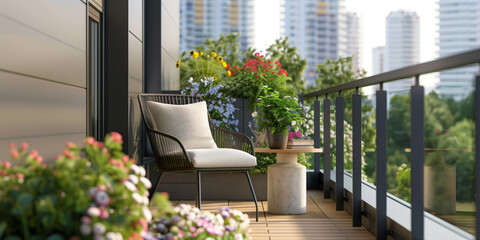 Cozy balcony or small terrace with simple furniture, blossoming plants in flower pots and soft pillows. Charming sunny day in summer city.