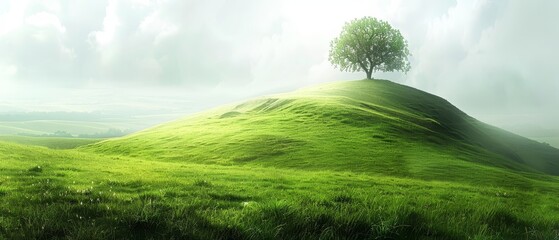   A solitary tree crowns a green hill, situated in a verdant valley's heart beneath a cloud-strewn sky - obrazy, fototapety, plakaty