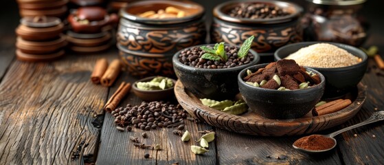   A wooden table, laden with bowls brimming with diverse spices - obrazy, fototapety, plakaty