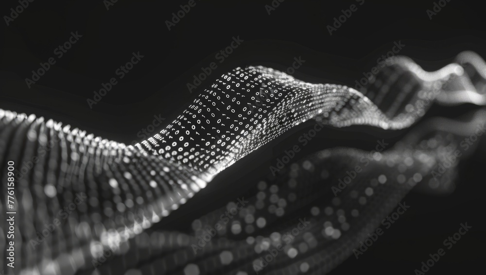 Poster digital binary code waves on a black background, symbolizing data flow and the technology concept an