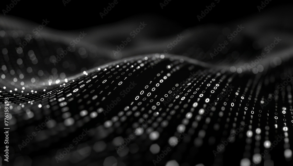 Poster cinematic dark black background with binary code waves the wave pattern is made of white numbers on 