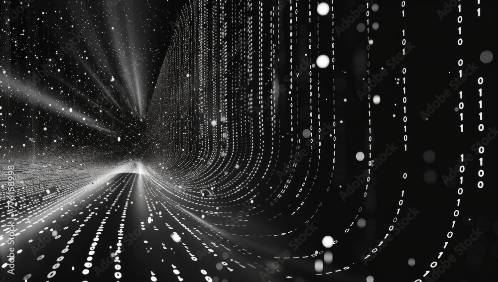 Poster a black background with binary code flowing across it, creating an abstract digital landscape the wh