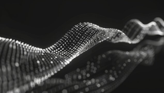 Digital binary code waves on a black background, symbolizing data flow and the technology concept An abstract wave of white numbers for tech design or digital marketing presentation Generative AI
