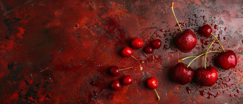   A cluster of cherries atop a scarlet surface, adorned with water droplets at their peaks