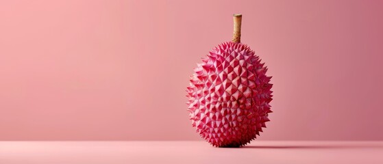   A tight shot of a fruit atop a pink background, with a wooden stick jutting from its uppermost part - obrazy, fototapety, plakaty