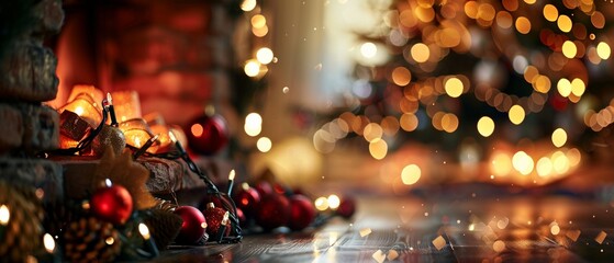 Festive Christmas Celebration Background: Christmas Tree and Fireplace with Bokeh Lights