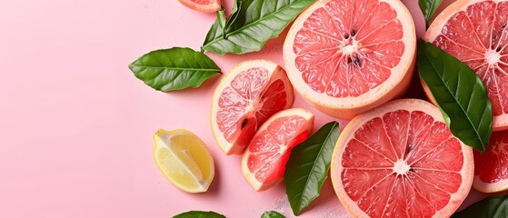   A collection of halved grapefruits on a rosy backdrop, surrounded by green grapefruit leaves and lemon wedges