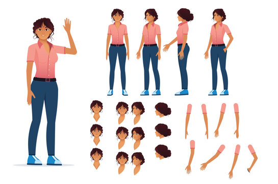 Full character kit of a woman with multiple angles and emotional expressions ready for animation