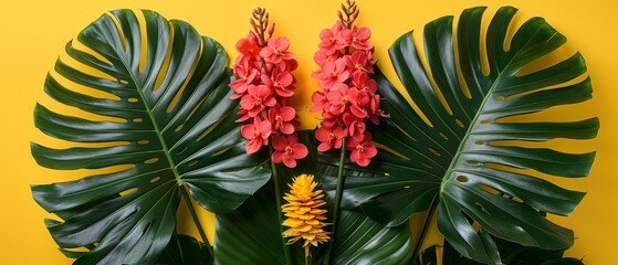   A tight shot of various blooms against a sunlit yellow backdrop A sizable green foliage plant adjacent