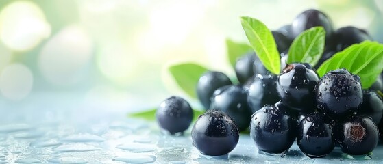   A tight shot of black olives and attached green leaves against a blue backdrop, adorned with water droplets