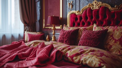 Golden Ruby Red Interior - Red and Gold Bed Room Backdrop - Beautiful Bright Bed Room Indoor Background - Ruby Golden Bed Room Design created with Generative AI Technology	