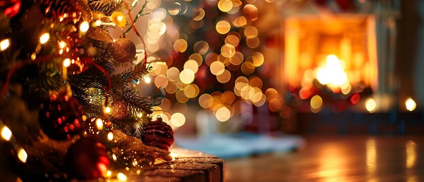 Festive Christmas Celebration Background: Christmas Tree and Fireplace with Bokeh Lights