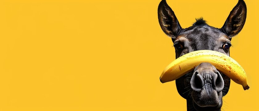   A giraffe closely holding a banana in its mouth against a yellow backdrop