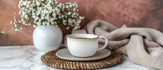 Deurstickers   A cup of coffee rests on a saucer Nearby, a vase holds baby's breath flowers © Jevjenijs