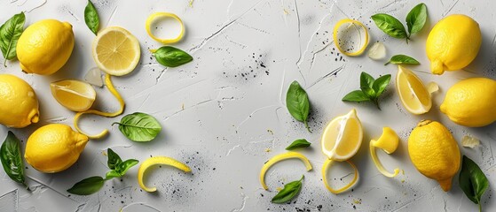   A collection of lemons on a pristine white surface, accompanied by leaves and lemon slices atop the table's edge