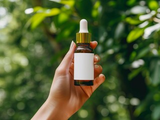 a female hand modeling a serum bottle with blank white label, mockup, product shoot, close up shot, outdoor background