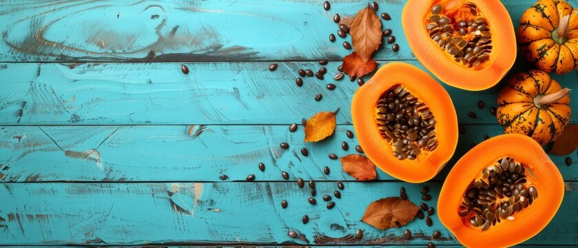   A collection of dismembered pumpkins atop a blue wood table, adjacent to a mound of seeds