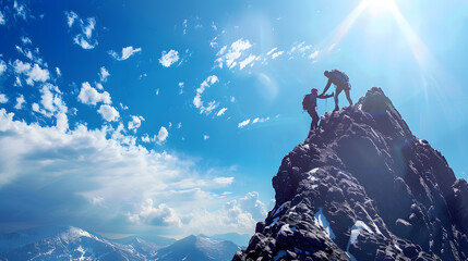Two people are climbing a mountain together - obrazy, fototapety, plakaty