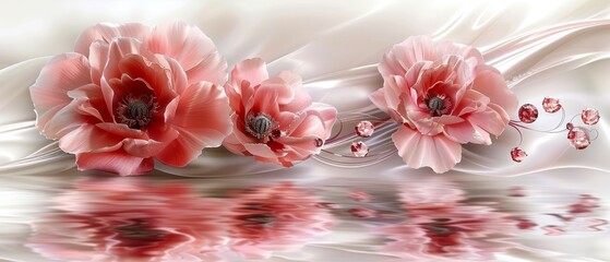   A collection of pink blooms floating atop a serene body of water against a backdrop of white and pink
