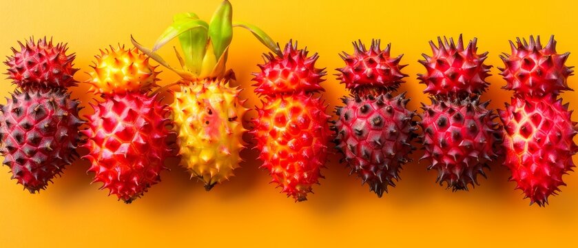   Red and yellow fruits sit atop a yellow table A green plant graces the nearby surface