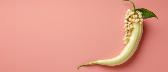   A green pea pod against pink backdrop, bearing white seeds; green leaf graces its end