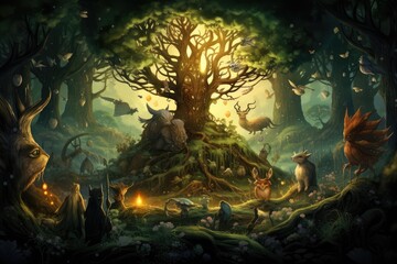 Fototapeta na wymiar An enchanted forest concept with various mythical creatures, Ai generated