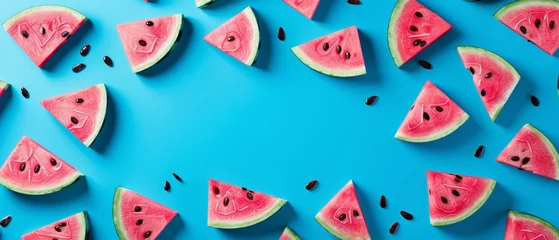 Foto op Plexiglas   Watermelon slices with seeds on a blue background or Blue backdrop featuring watermelon slices and seeds © Jevjenijs