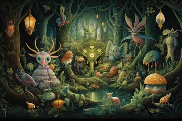 An enchanted forest concept with various mythical creatures, Ai generated