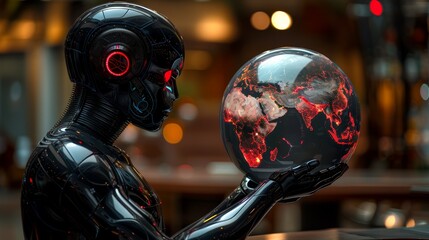   A robot, clutching a crystal ball displaying a world map, gazes intently with glowing red eyes - obrazy, fototapety, plakaty