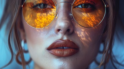   A tight shot of a woman's face, adorned with round glasses framing her eyes and an application of vibrant orange lipstick