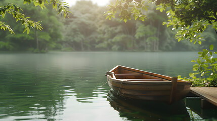 A small wooden boat is floating calmly on a peaceful lake next to a wooden dock