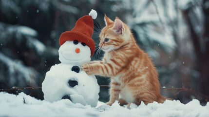 Cute and adorable kittens happily building a snowman on a winter day, enjoying playful antics in the snow. Realistic illustration captures the joy of feline in a snowy setting.