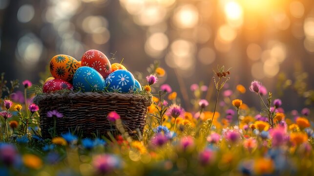   A basket brimming with colorful Easter eggs in a wildflower field, sunlight filtering through tree branches behind