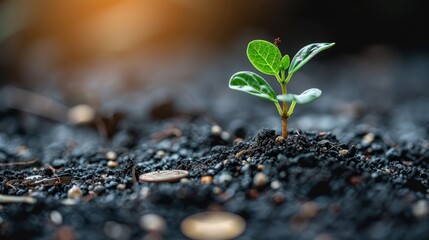   A tiny green shoot emerges from a mound of dirt, surrounded by scattered coins - obrazy, fototapety, plakaty
