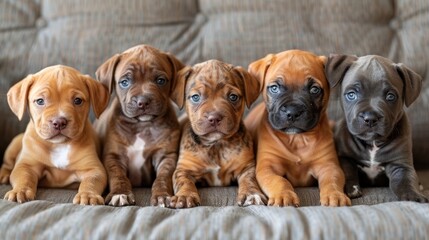  A group of puppies seated together on a couch, atop a cushion - obrazy, fototapety, plakaty