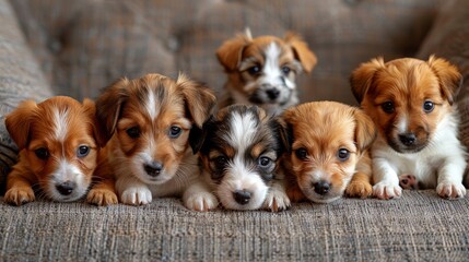   A group of puppies seated on a gray couch, nestled together - obrazy, fototapety, plakaty