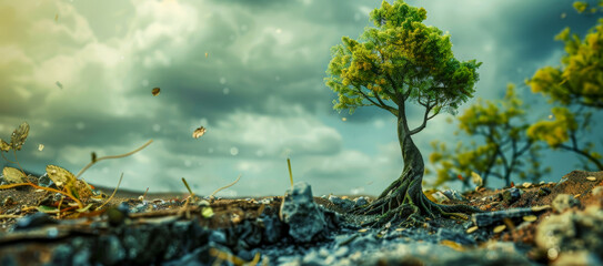 A small tree growing in a rocky field with a cloudy sky in the background