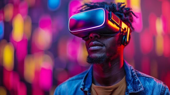   A Man In A Virtual Reality Headset Stands Before A Vibrant Backdrop Of Neon-lit Circles