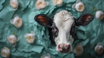   A tight shot of a cow's face against a green backdrop, adorned with white and yellow flower petals