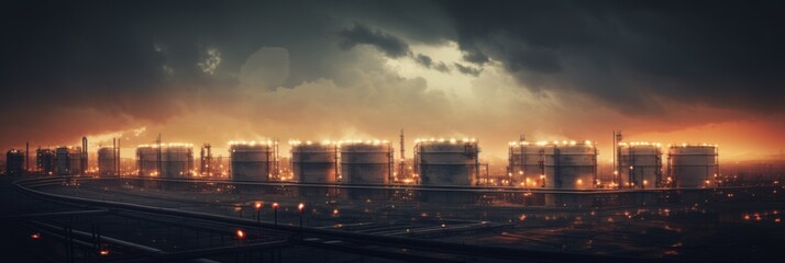 Aerial panorama view of oil storage container farm in oil refinery plant factory. - obrazy, fototapety, plakaty