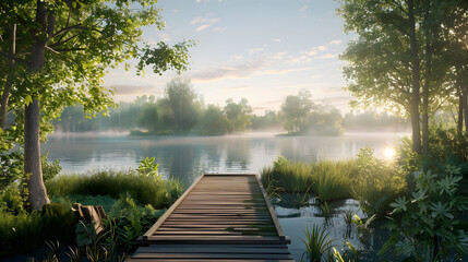 A wooden dock sits on a lake surrounded by trees and foliage