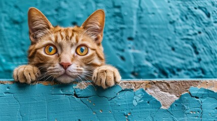   A cat's face, nose touching the blue wooden ledge in a tight close-up Paws curled over edge - obrazy, fototapety, plakaty