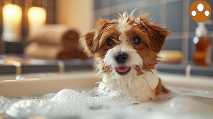   A small brown and white dog sits in a bathtub, surrounded by bubbles The floor is dotted with these suds A towel rests atop the tub's edge - obrazy, fototapety, plakaty