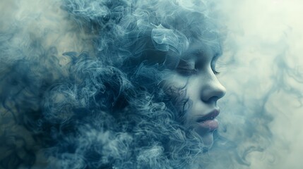   A woman with closed eyes exhales smoke from her face, forming a cloud behind her