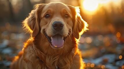  Cute golden retriever dog in autumn park. Happy pet