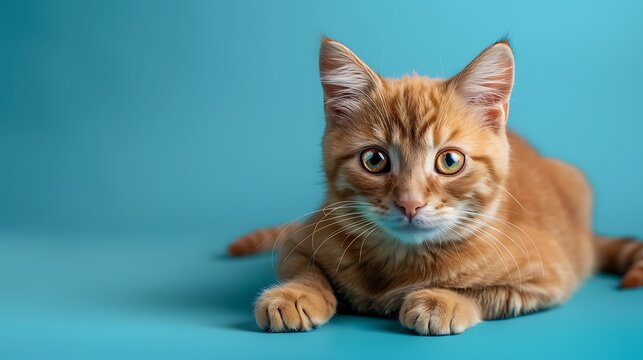 A full body studio portrait of an orange cat on blue background